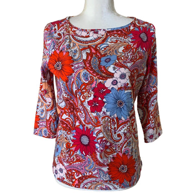 Pre-owned TALBOTS Petite Women's Tee 3/4 Sleeve Paisley Floral Colorful Soft Top Size MP