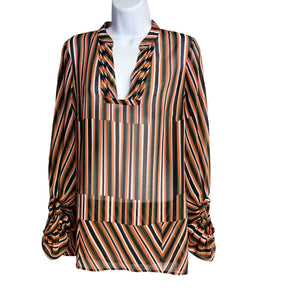 Pre-owned Cabi Blouse Notch Neckline Balloon 3/4 Sleeve Sheer Ultimate Striped Top Size XS