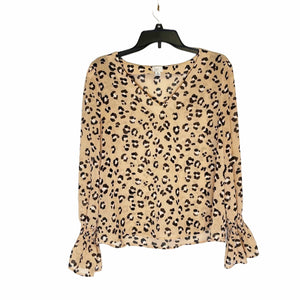 Pre-owned A new Day Cheetah Animal Novelty Print Long Sleeve Blouse V Neck Top Size Medium