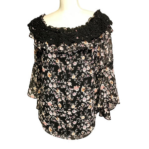 WHBM Pre-owned Women's Lace Floral Print Crochet Trim Off The Shoulder Lined Blouse Medium