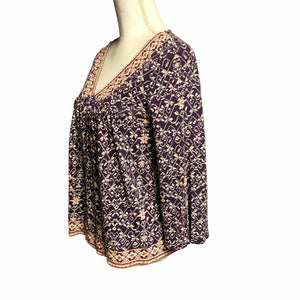 Pre-owned Lucky Brand Top Tunic Printed V-Neck Bell Sleeve Purple  Boho Blouse Size Small