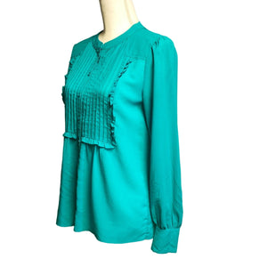 Pre-owned J.Crew Women's Teal Button Up Pleated Polyester Tuxedo Front Shirt Blouse Sz 2