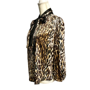 Pre-owned 7th Avenue New York & Co Tie Neck Long Sleeve Animal Print Office Blouse Medium