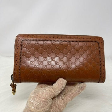 413 Pre Owned Auth GUCCI Sima GG Brown Leather Long Zippy Wallet 295371.2091