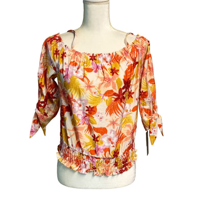 NWT Pre-owned  BCX Juniors Off The Shoulder Floral Print Tie Sleeve Blouse Size Small