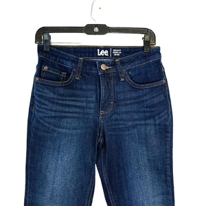 EUC Pre-owned Lee Mid Rise Darkwash Blue Denim Stretch Cottonblend Straight Leg Jeans Sz 4