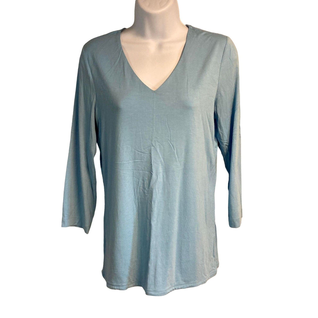 EUC Pre-owned Chico's Women's Ultimate Tee V Neck 3/4 Sleeve Stretchy Soft Blue Top Size 0