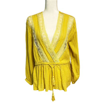Load image into Gallery viewer, RD &amp; Koko Pre-owned Anthropologie Linen Blend Mustard Boho Lagenlook Hippie Lace Blouse