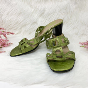 Pre-Owned Women Life Stride Patent Yellow Green Square Chunky Heel Open Toe Sandal Size 9M