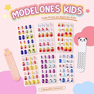 Modelones 144Pcs 6 Pack Press on Nails for Kids Children Acrylic Fake Nails Pre-glue Full Cover Glitter Gradient Color Unicorn Ocean Short False Nail Art Kits Sets Gifts for Kids Girls