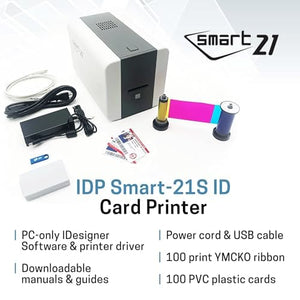 IDP SMART-21S ID Card Simplex Printer Kit with PC Only Software, 100 Print YMCKO Color Ribbon, and 100 PVC Plastic Cards