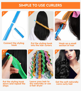 30 Pieces Heatless Hair Curlers Wave Curls Styling Kit with 2 Pieces Styling Hooks, No Heat Hair Curlers Heatless Wave Curlers for Women Girls Long Medium Short Hair (6 Colors, 25cm/9.84)