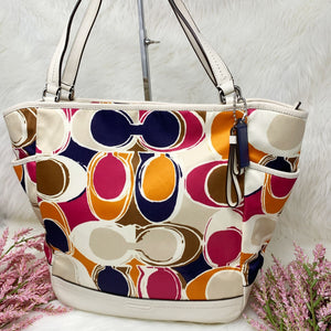 Pre-Owned Authentic Coach Multicolor Part Op Art Satin and Leather Carrie Tote